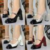 Women's Retro Color Block Mary Shoes Bow Pearl Strap Pumps