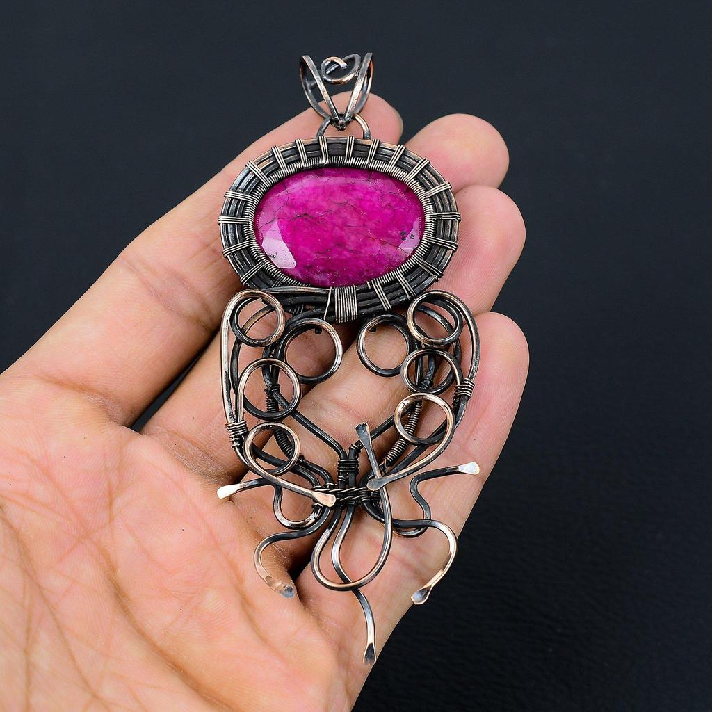 Lab-Created Ruby Gemstone Copper Wire Wrap Handmade Designer Pendant Jewelry Gift For Love