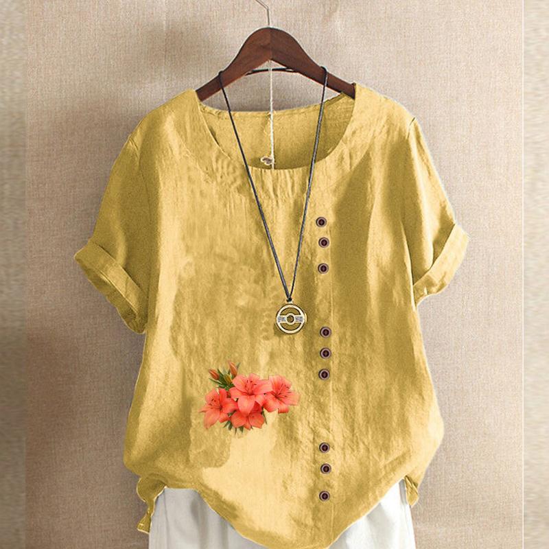 Women's Fashion Flowers Pattern Prined Short Sleeve T-shirt Loose Cotton Shirt Casual Loose Summer Blouse Tops Plus Size