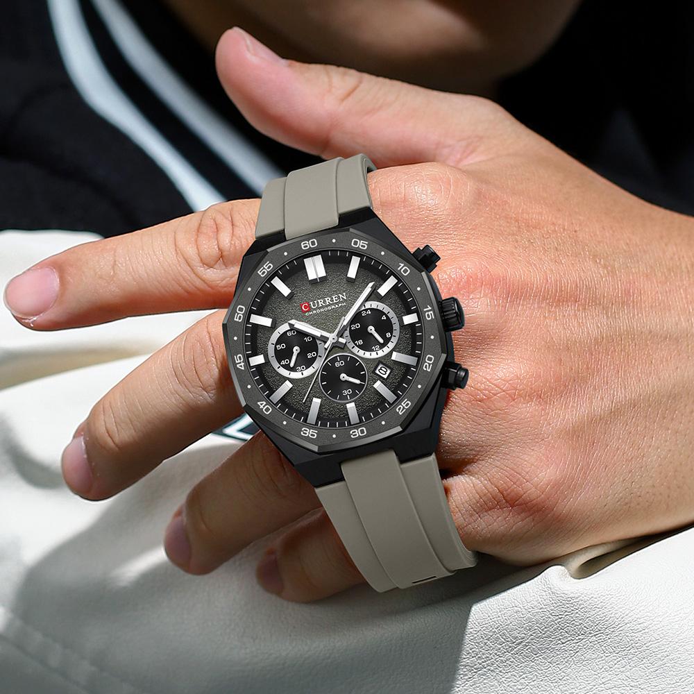 CURREN Men's Sports Chronograph Wristwatch with Black Silicone Band Auto Date Luminous Hands Quartz Watch for Men
