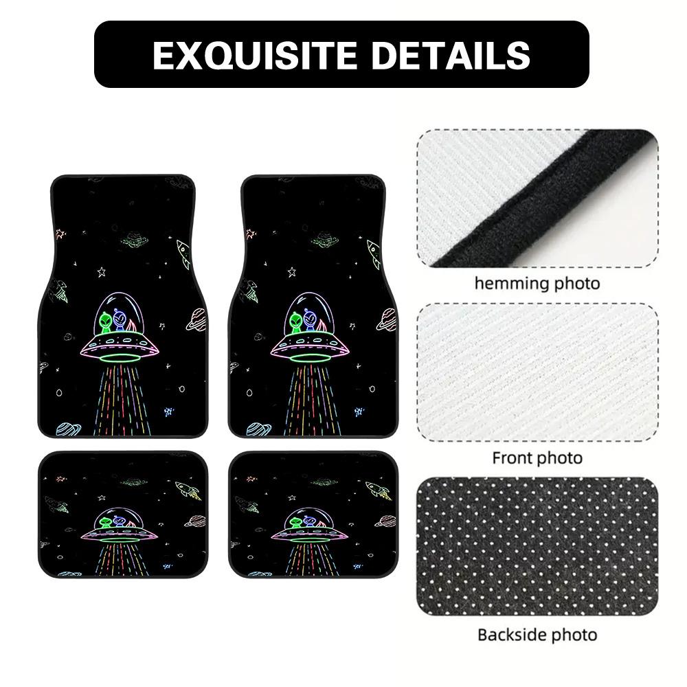 Set Of 4 Car Floor Mats Showcasing A Vibrant UFO Space Art Design, Suitable For Suvs Or Hatchbacks, Providing Easy Upkeep And Ma