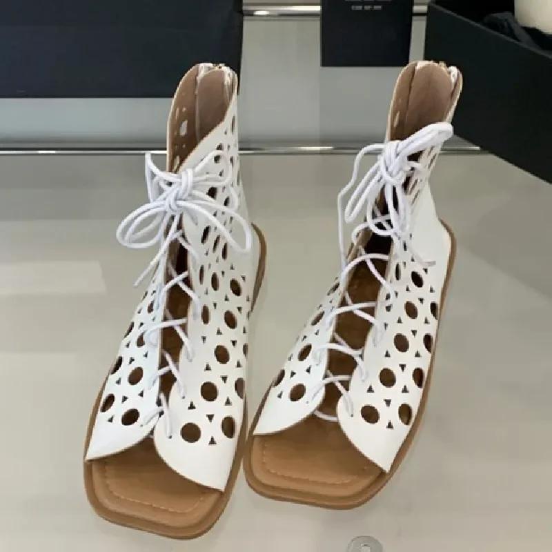 Fashion Higher Quality Lace-Up Designer Flat Sandals Women Fashion Soft Hollow Roman Casual Shoes Summer Sexy Open Toe Low Heel Boots