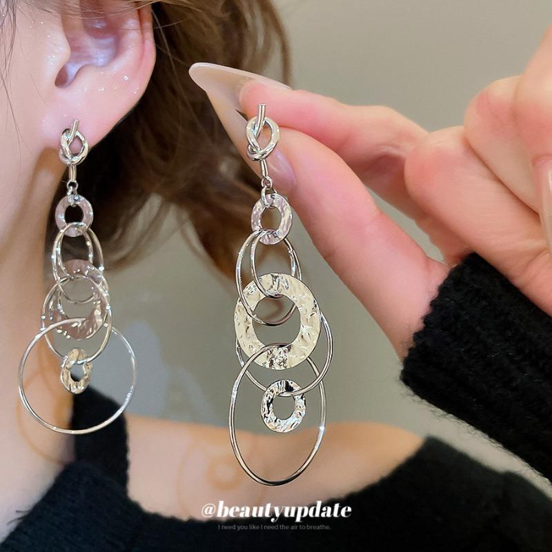 Silver needle European and American knotted round pleated metal fringed pendant earrings versatile stud earrings niche design earrings women