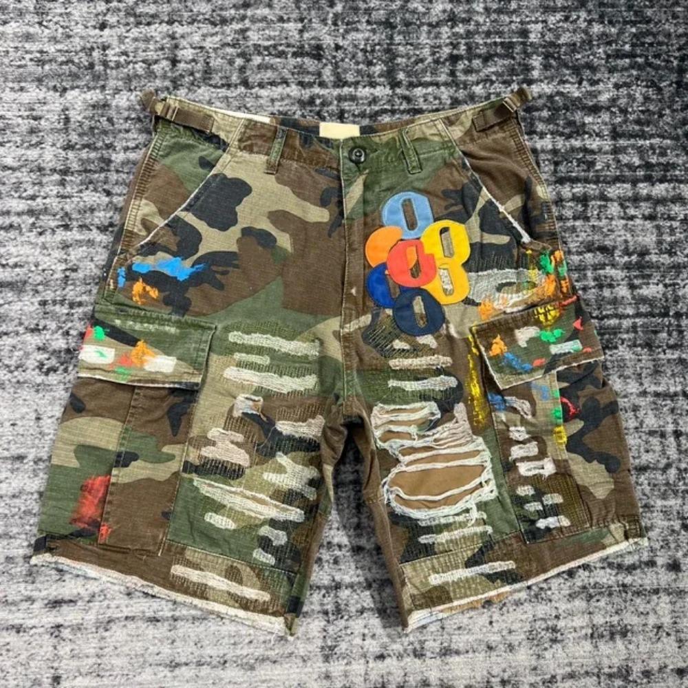 ZYLLO Summer Fashion Camouflage Splicing Leather Letter Washed Retro Knee Jeans Men Women Shorts