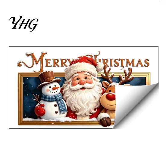 Holiday Background Decals for Shop Christmas Wall Stickers, Santa Claus Reindeer And Snowman with Photo Frame Indoor Ornaments Design, Removable