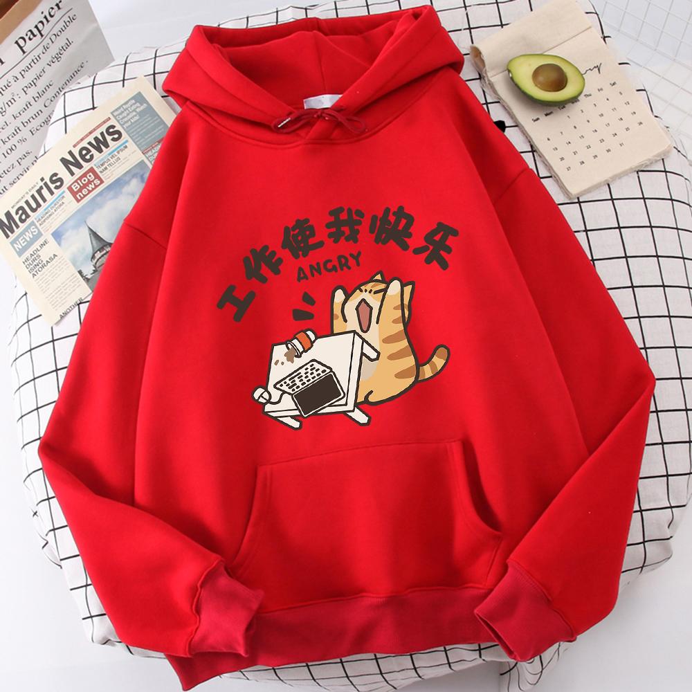 Men's Fashionable and Versatile Fleece Sweatshirt, Thin and Warm, Three-dimensional Pocket, Cute Cat Print Pattern