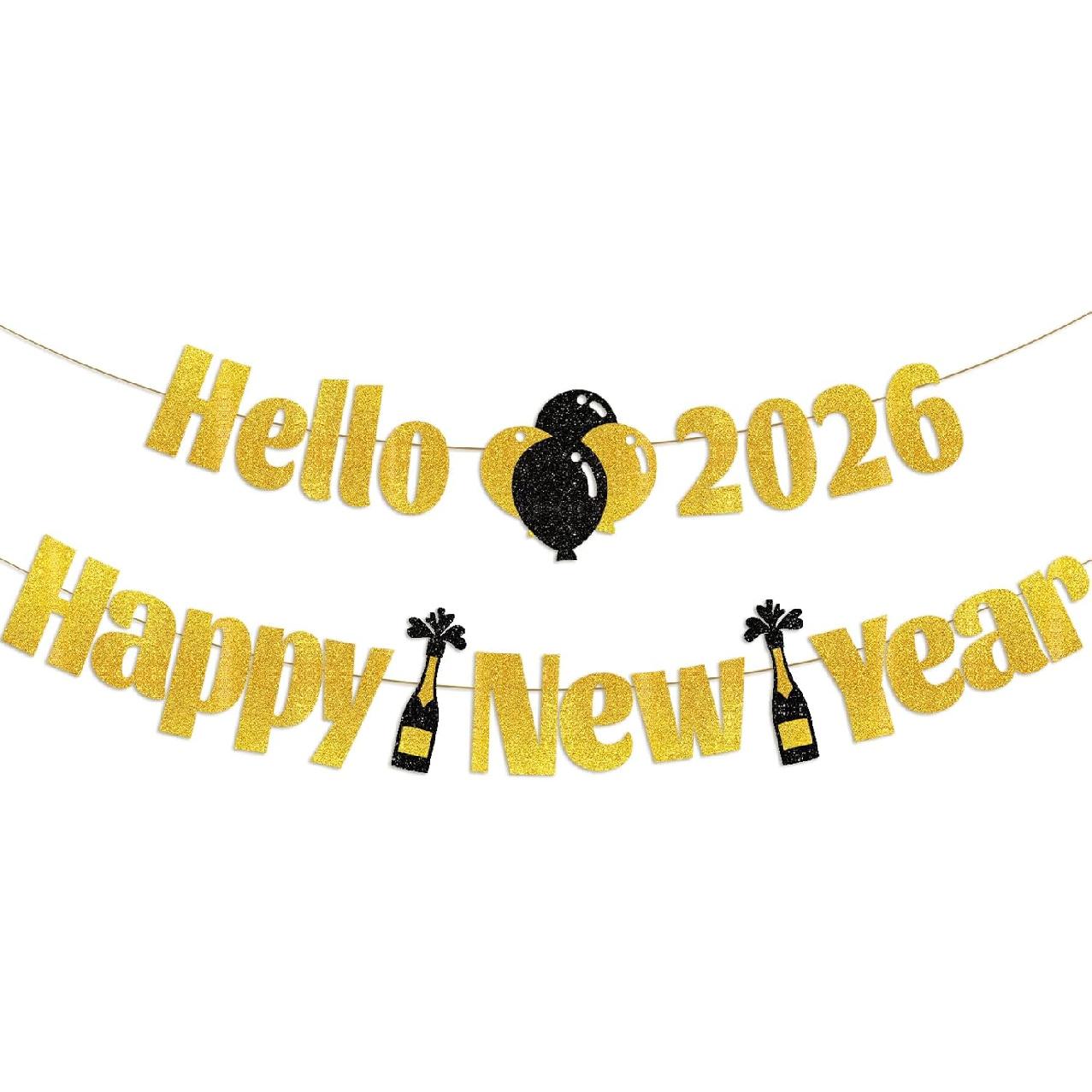 2026 New Year Banner with Sparkling Gold Letters - Elegant  Hello 2026 Happy New Year  Glitter Party Banner for New Year s Eve Decorations, Holiday