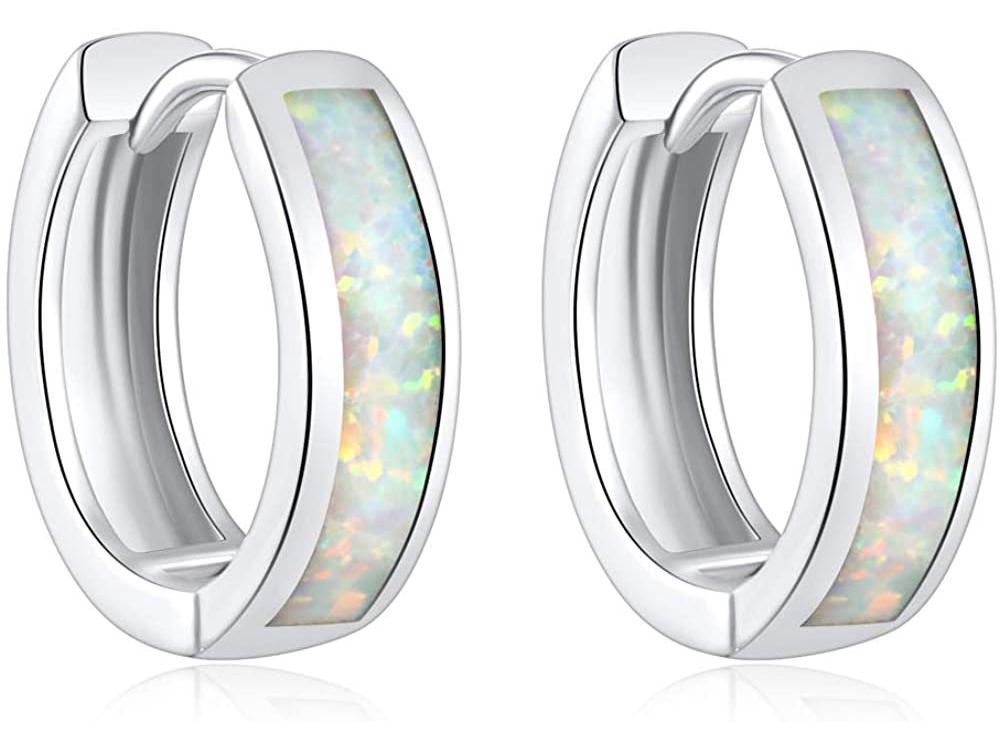 White Gold-Plated Small Opal Hoop Earrings