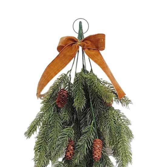 Christmas Teardrop Swag Artificial Norfolk Pine Branch Door Swag with Faux Pine Cones And Bow for Indoor Outdoor Mantel Fireplace Stairway Decor