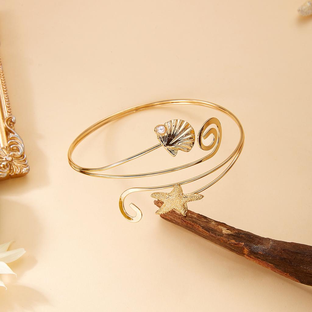 Boho Imitation Pearl Shell Upper Arm Cuff Bracelet for Women Music Note Spiral Starfish Open Bangle Beach Party Jewelry Gift