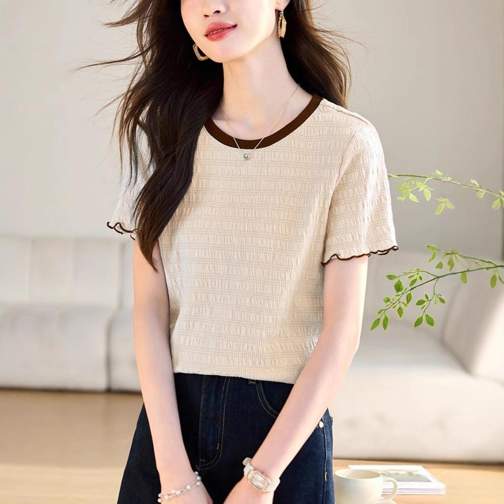 Solid Color Round Neck Short-sleeved T-shirt Women's Summer 2026 Summer New Loose T-shirt Thin Foreign-style Shirt Top