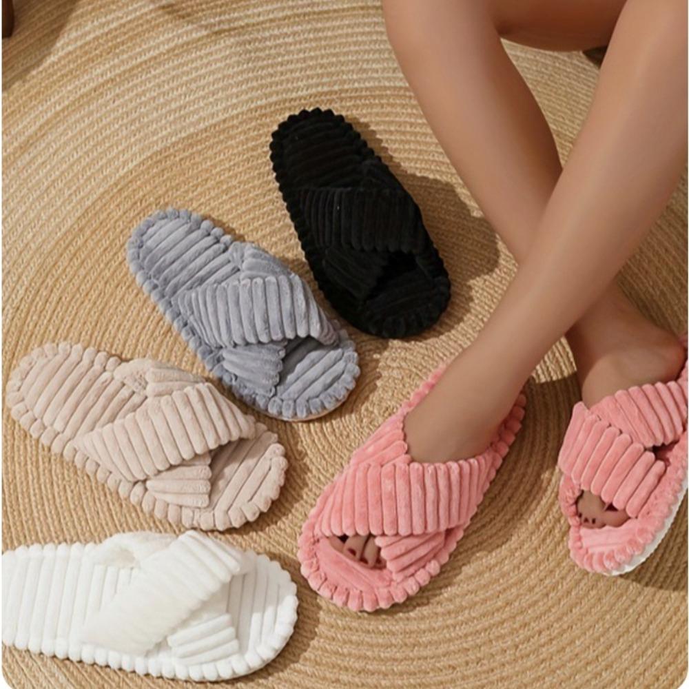 Women's Home Slippers Winter Plush Cross Strapped Cotton Slippers Women's Home Skin Friendly Plush Slippers Women Flat Bottom