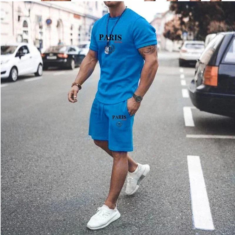 

T-shirt, high-quality men s short sleeved shorts, running set, casual pullover, outdoor basketball suit, summer trend 4XL