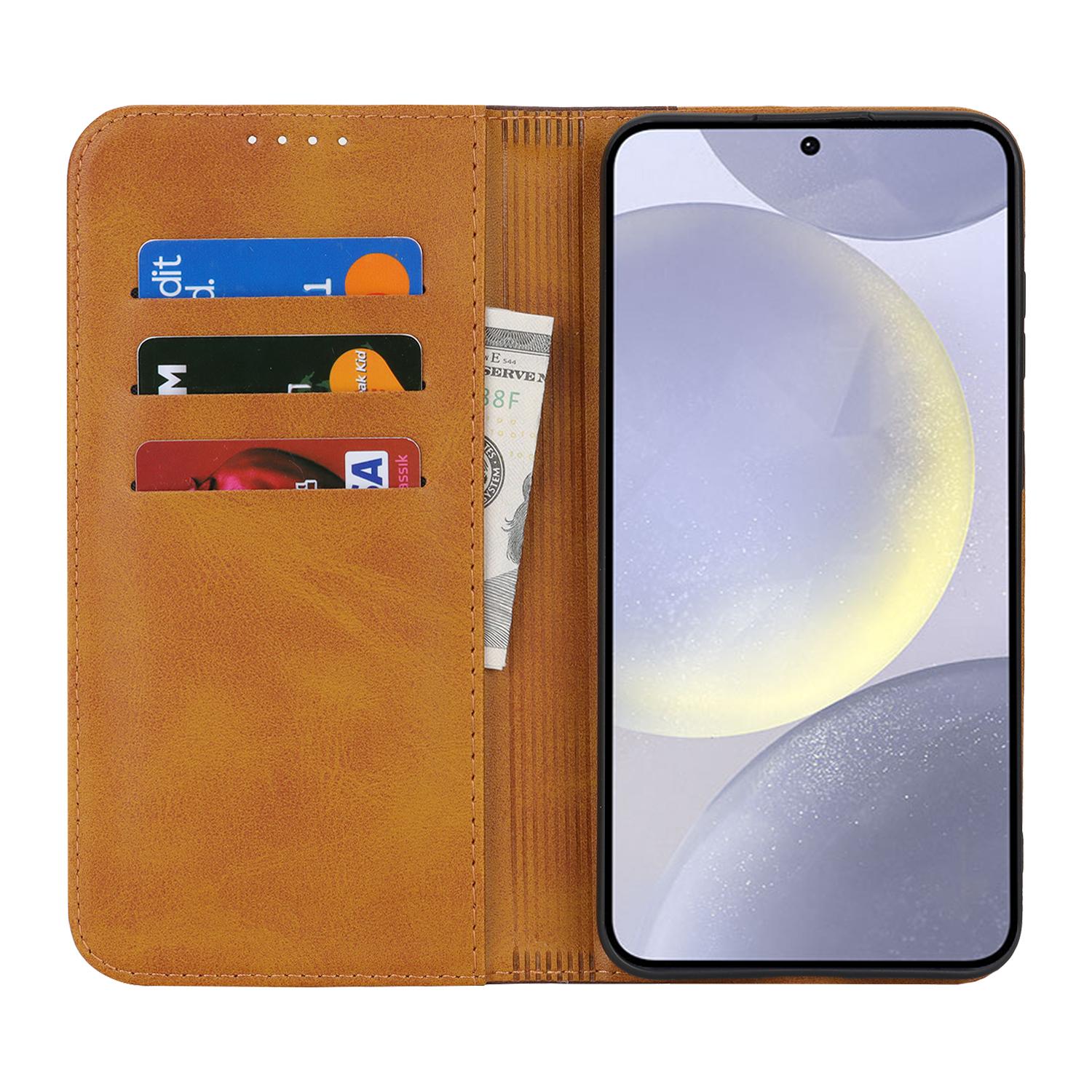 

For Samsung Galaxy S24+ Case Calf Texture 3 Card Slots Color Splicing Leather Phone Cover Yellow+Brown