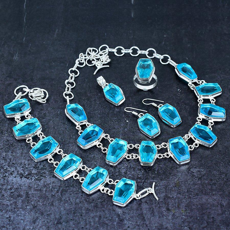 Ensemble de bijoux en argent sterling 925 fait main avec pierre précieuse topaze bleue u6G23