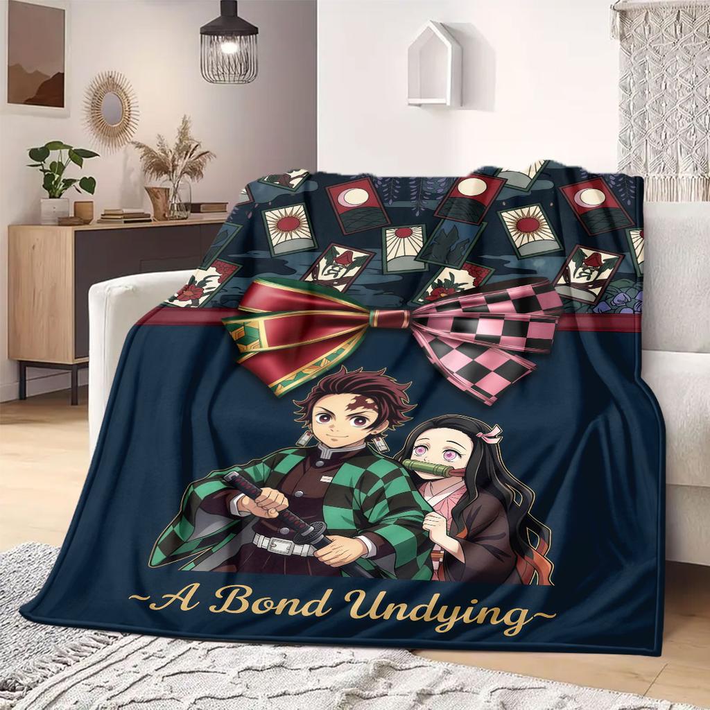 Demon Slayer Chic Cartoon Flannel Blanket, Printed Graphics for Sofa and Bed, Warm Bedding for Chairs and Travel_LIAN