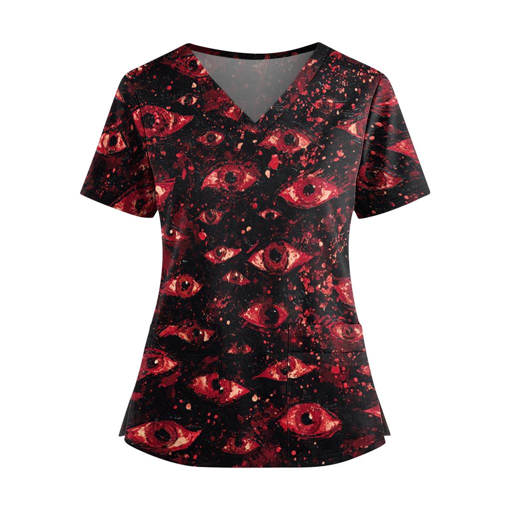Halloween Print V Neck Short Sleeve Nurse Top with Double Pockets and Side Slits Medical Scrub Shirt for Healthcare Workers