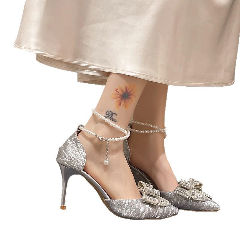New Silver Fairy Wedding Shoes Thin Heel Pearl Bow Rhinestone Light Mouth High Heel Single Shoes