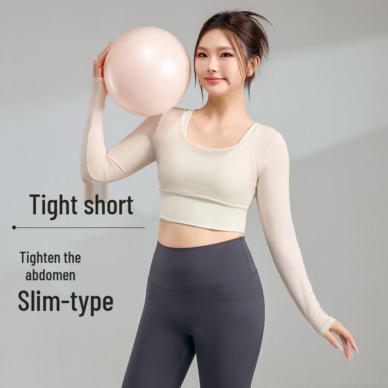 Plus Size Women's Breathable Mesh Long Sleeve Yoga Top with Chest Pad - Slimming Autumn Fitness Wear