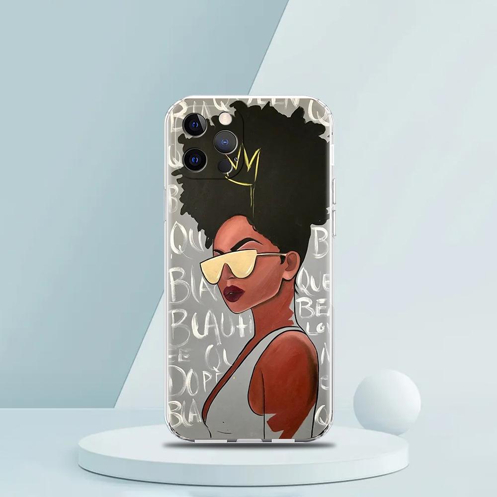 Fashion Black Girl Phone Case for iPhone 16 15 14 13 12 Pro Max Transparent TPU for iPhone 11 Pro Max 7 8 Plus XS XR Shell Capas