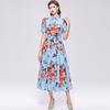 Elegant Gorgeous Flower Print Shirt Dress Women Summer Short Sleeve Collar Midi Dress with Sash Belt Vintage Style Party Wear