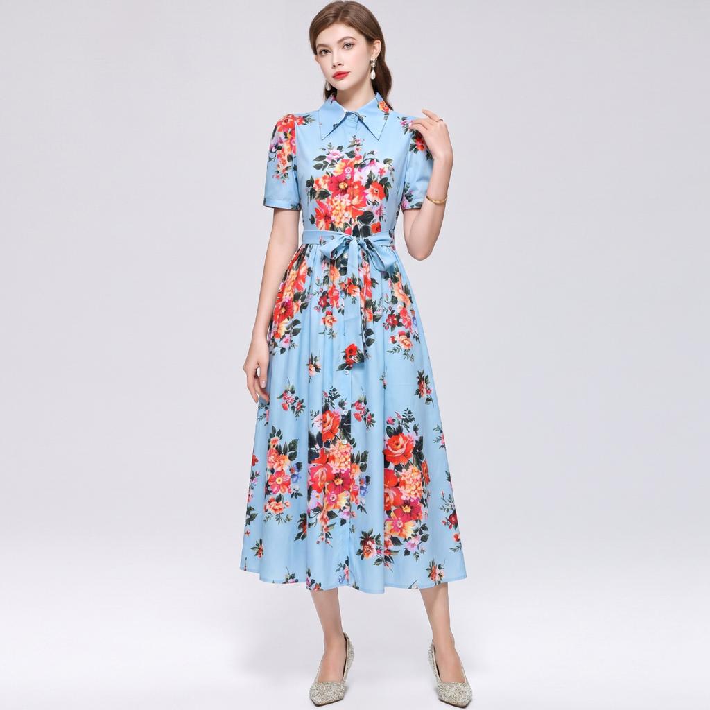 Elegant Gorgeous Flower Print Shirt Dress Women Summer Short Sleeve Collar Midi Dress with Sash Belt Vintage Style Party Wear