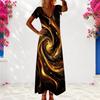 Women Plus Size Abstract Printed Red Black V Neck Short Sleeve Long Dress