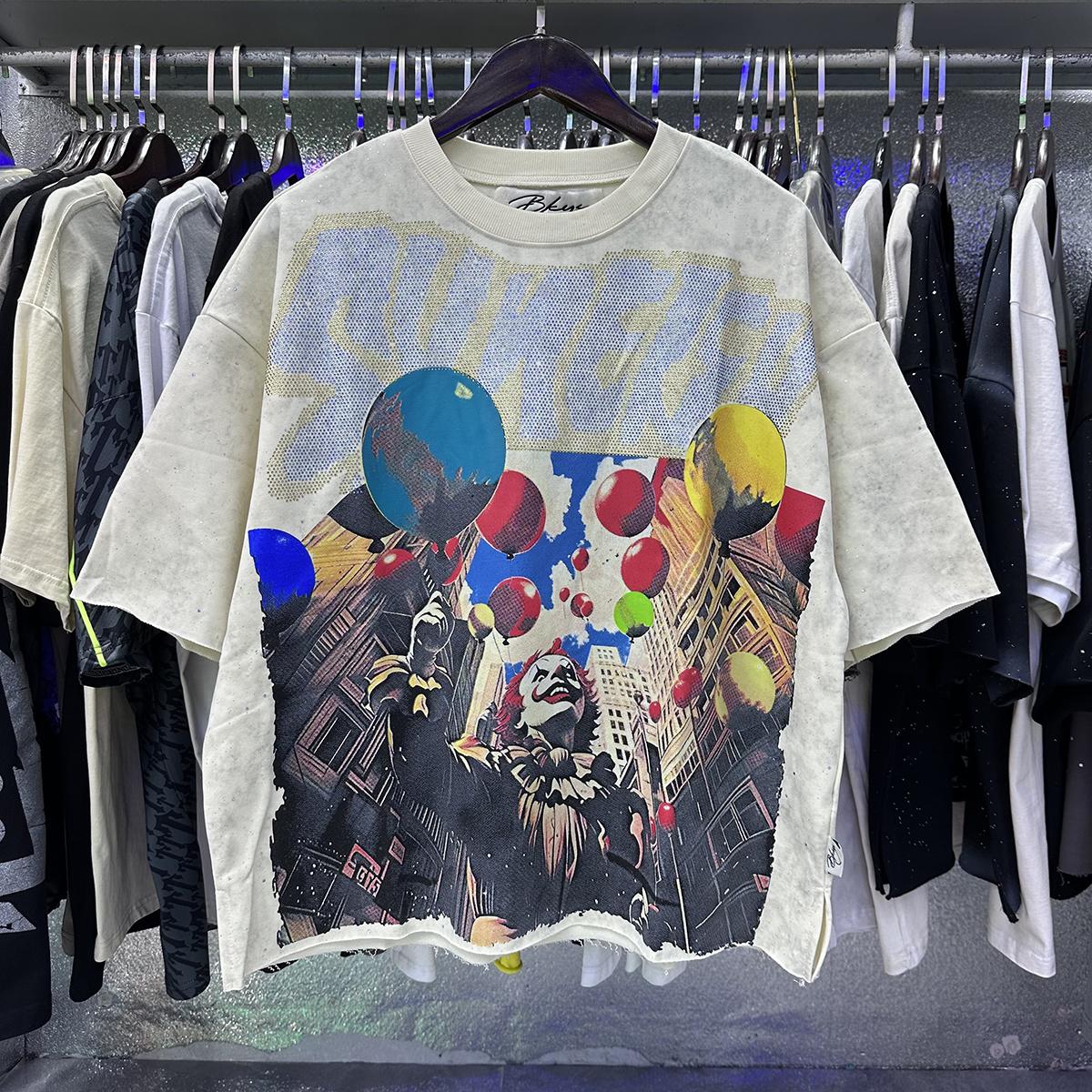 2026 Summer Men s Oversize T-Shirt, Clown With Balloons Print Hip Hop Street Short Sleeve Tee With Rhinestone Letter S