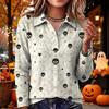 Women's Halloween Print Knit Long Sleeve Top with Lapel Collar