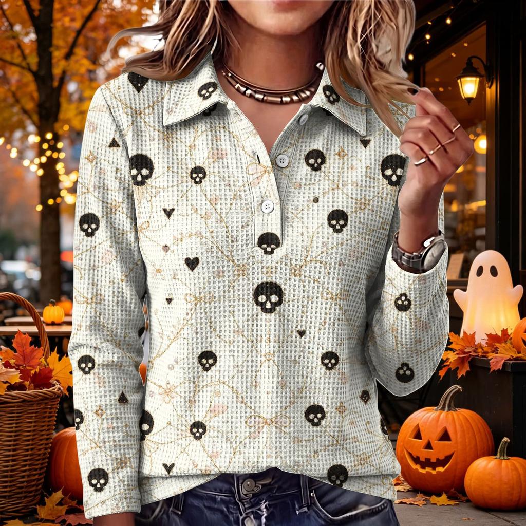 Women's Halloween Print Knit Long Sleeve Top with Lapel Collar