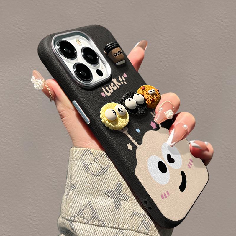 Coffee Briquette Three-dimensional Doll Suitable for Apple 16PRO Mobile Phone Case 15plus Metal Leather Pattern 14 High-end Sense 13