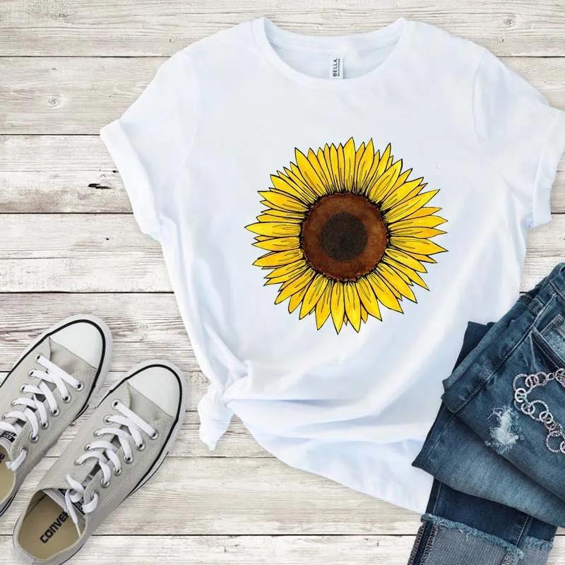 Golden Sunflower Print Women T Shirt Short Sleeve O Neck Loose Women Tshirt Ladies Tee Shirt Tops Clothes Camisetas Mujer
