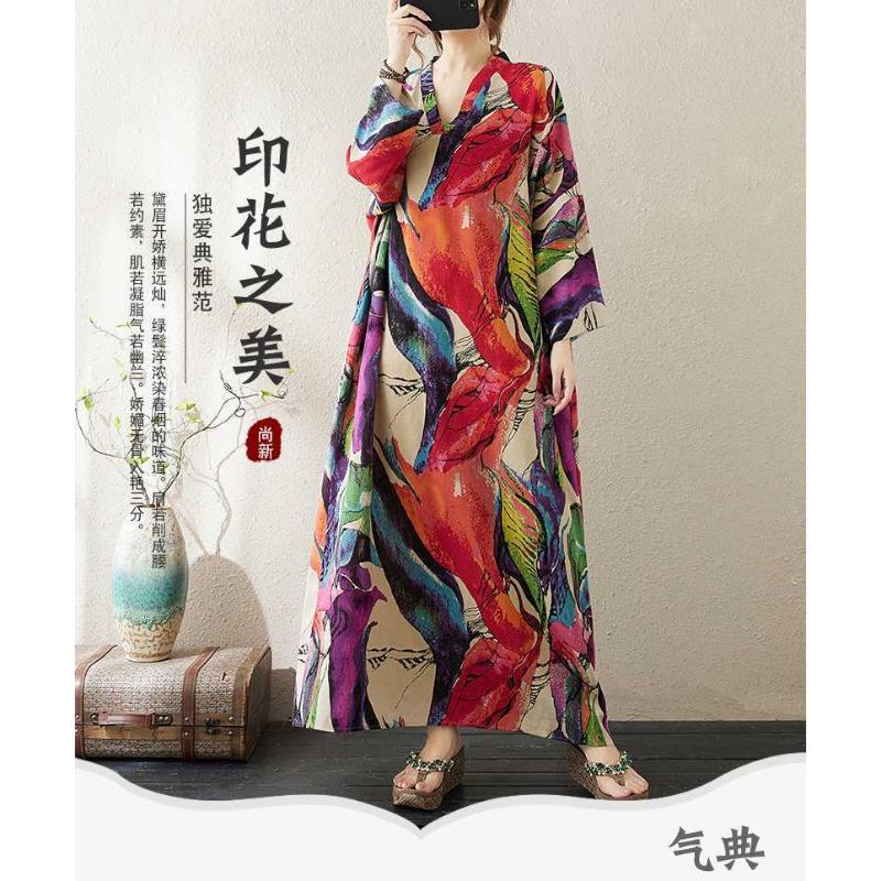 V-neck Loose Plus Size Simple Vacation Style Long Sleeve Women's Beach Dresses
