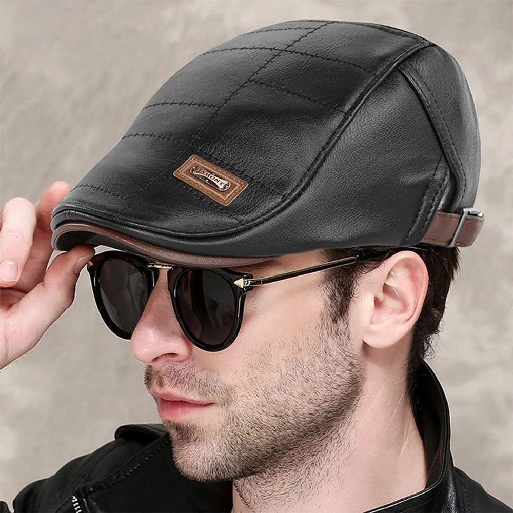British Style Solid Color Forward Peaked Cap Korean Style Hat Leather Flat Cap Men Beret Hat