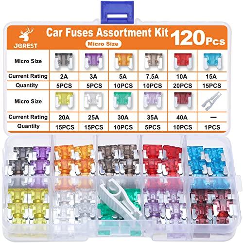 

JOREST 120pcs Car Fuses for Car/Truck/Motorcycle (2A 3A 5A 7.5A 10A 15A 20A 25A 30A 35A 40A), Low Profile Flat Fuses + 1pc Fuse Clip