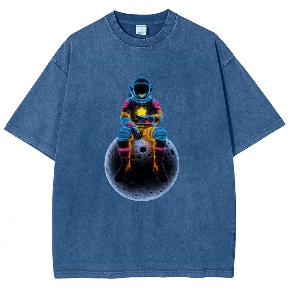 Unisex Fit Washed T-Shirt Cool Astronaut Tees Shirts Men Women Short Sleeve T-shirts Cotton Oversized T-shirt