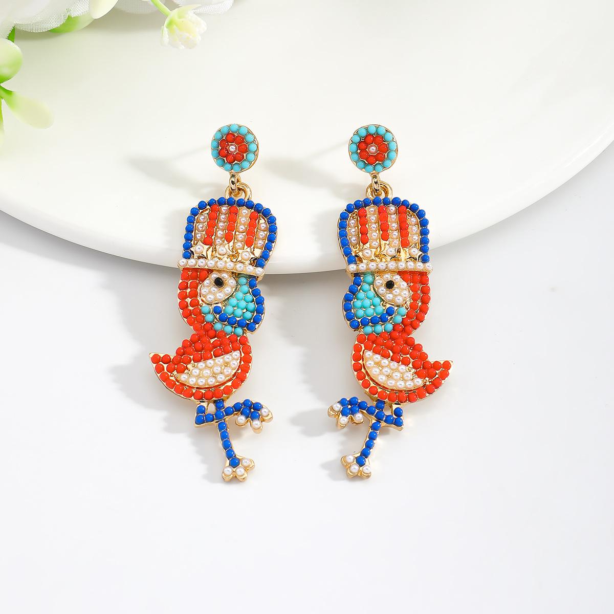 Creative red, white and blue parrot rice bead earrings, cute personality diamond-encrusted animal stud earrings, fashionable versatile earrings for