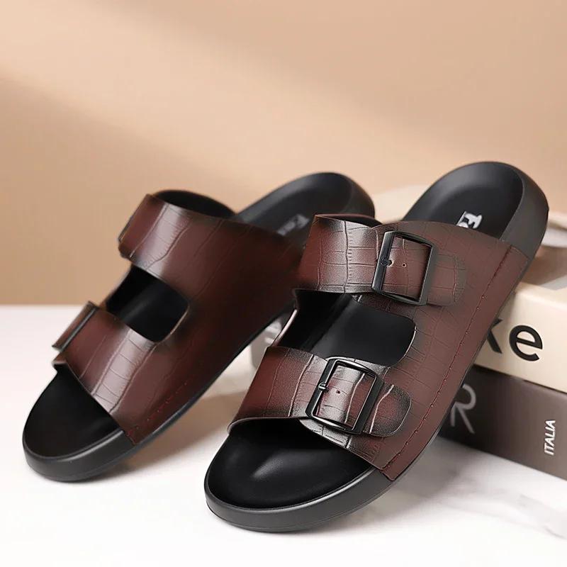 Fashion Summer Brand Sandals Open-toe Mens Leather Double Button Slippers Classic Half Shoes Outdoor Beach Rubber Flip Flops Trekking