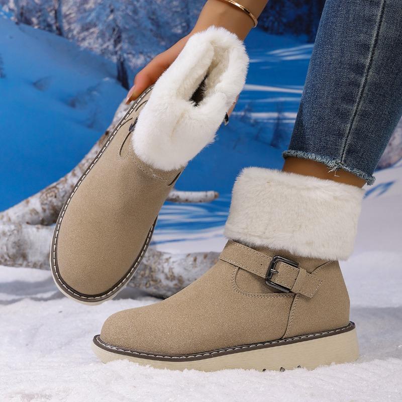 Snow boots women's winter wish cotton shoes new belt buckle warm large size velvet side zipper