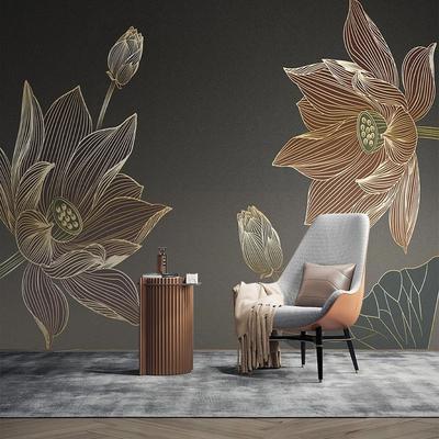 Mural Line Drawing Lotus Flowers Wallpaper Light Luxury 3D Relief Carving Mural Living Room Background Wall Paper