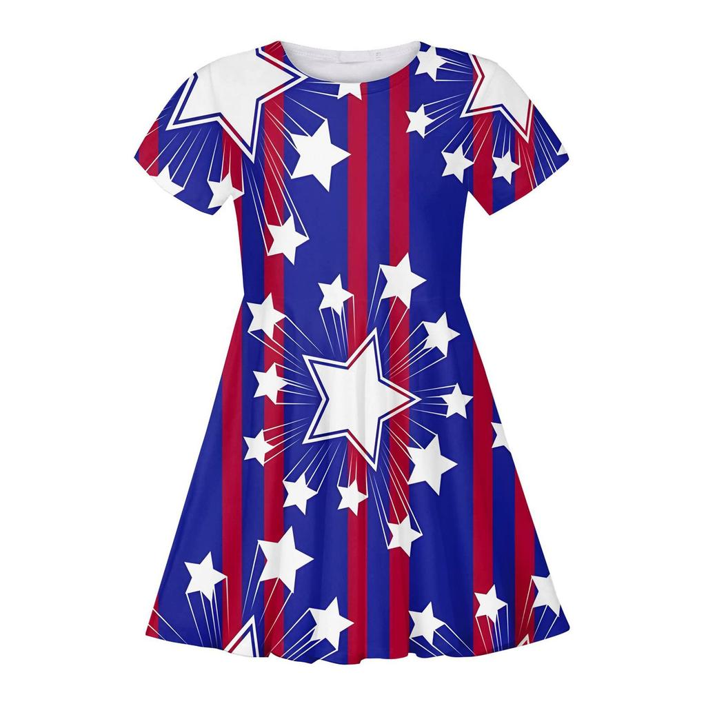 Summer Casual Loose Print Sweet Girl Short-sleeved Princess Independence Day Dress