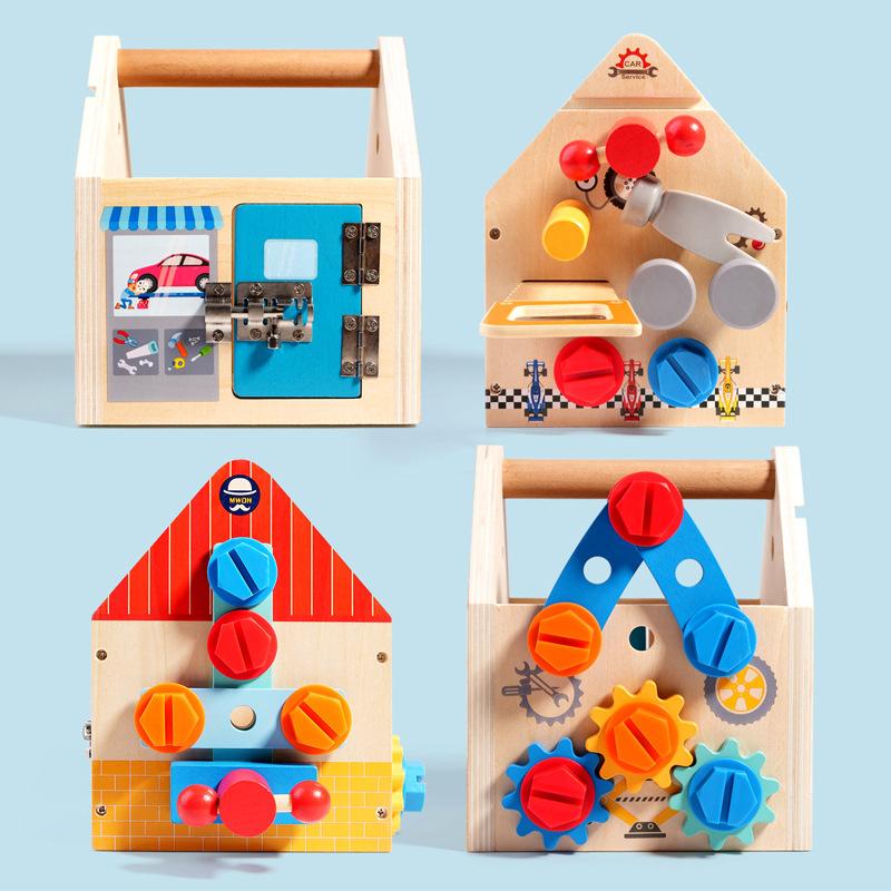 Children Wooden Busy House Multifunctional Toolbox Nut Disassembly Tool Handheld Tool Basket Shape Matching Busy Board Toy Gifts