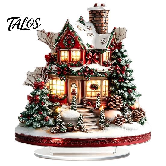 Retro Christmas House Centerpieces Acrylic Table Decoration, Double-sided Winter Snow Village/Candle/Teapot Ornament European Style Ornaments