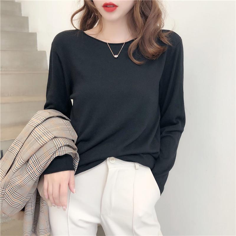 

New Long Sleeved Knitted Pullover Sweater Women s Fashion Loose Outer Wear Top Thin Casual Solid Color Inner Bottoming Shirt Elegant Loose Clothing One Size чёрный