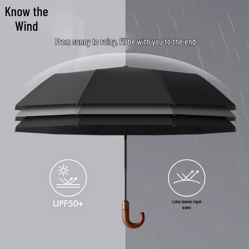Zhifeng Men's Solid Wood Curved Handle Three-Fold Business Umbrella