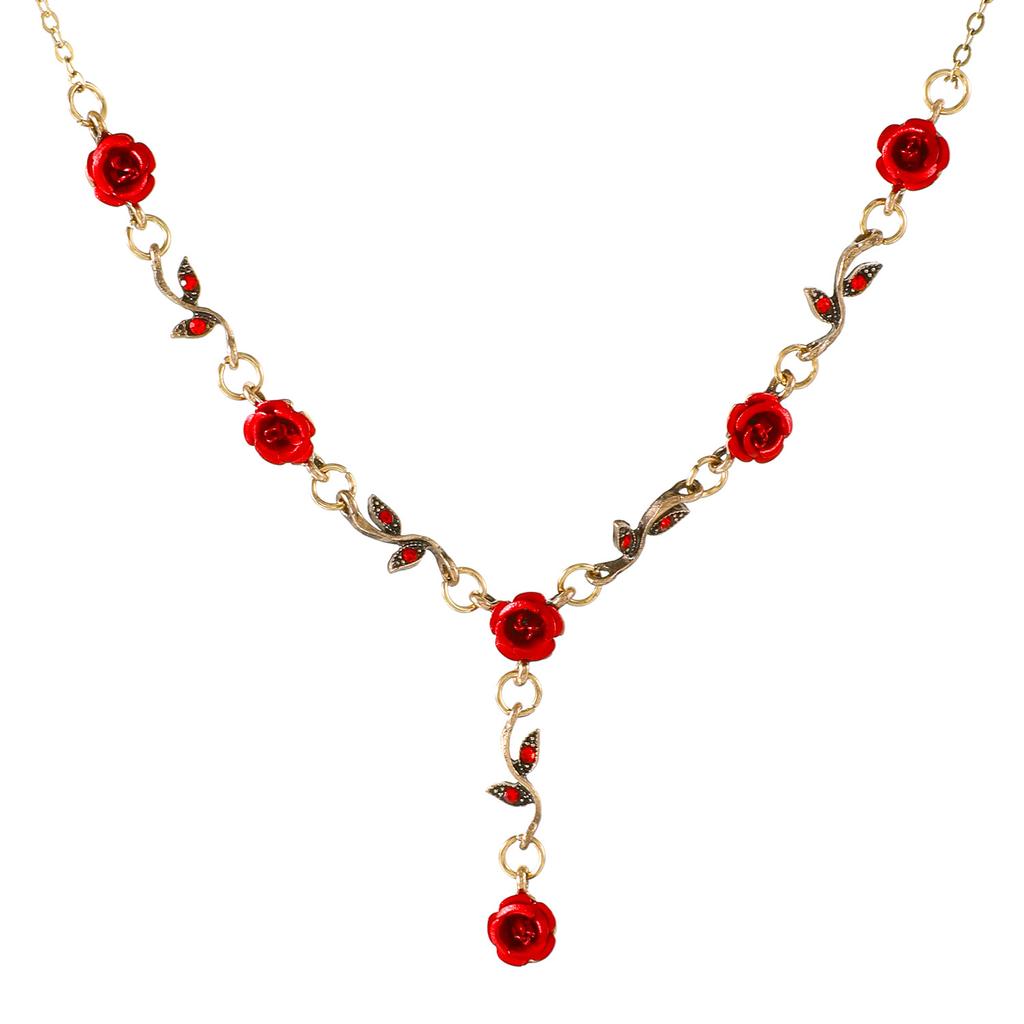 Vintage Gold Red Rose Jewelry Set, Floral Necklace, Bracelet & Drop Earrings for Women