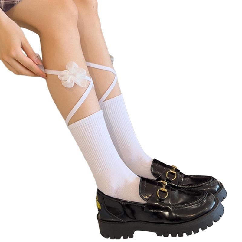 Women's Cotton Crew Socks Cross Bandage Calf Socks Sweet Cute Ankle Socks Lolitas JK Students Girls Knee Socks Hosiery