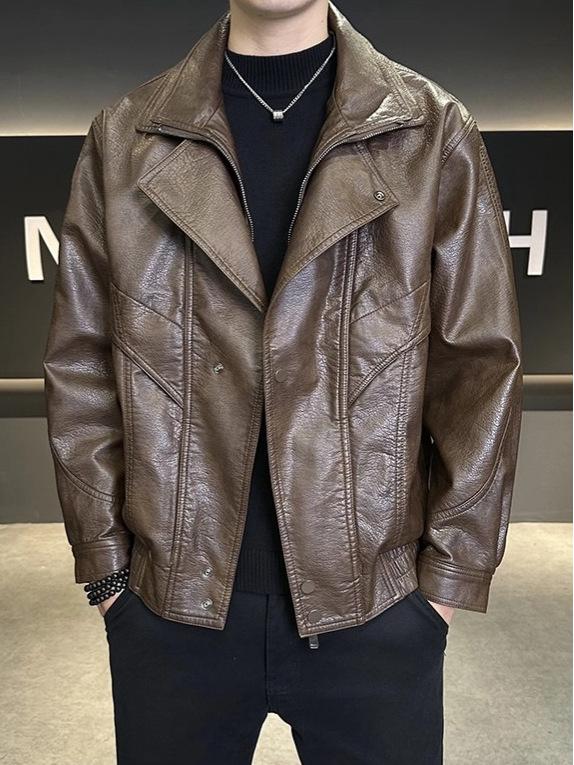 Men's Trendy Faux Two-Piece Leather Motorcycle Jacket - Autumn/Winter Casual, High-End Feel, Stylish and Handsome