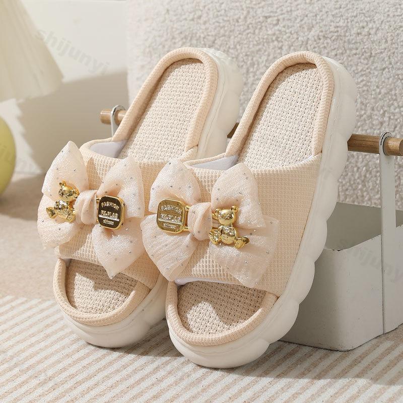 Fashion 2025 Summer Linen Women Slippers Home Slippers Comfortable Thick Sole Platform Ladies Fashion Bowknot Indoor Slipper Wholesale
