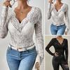 Women Tops V-Neck Long Sleeve Hollow Embroidery Lace Design Pullover Tops Pure Color Slim Fit Mesh Detail Blouse Daily Wear